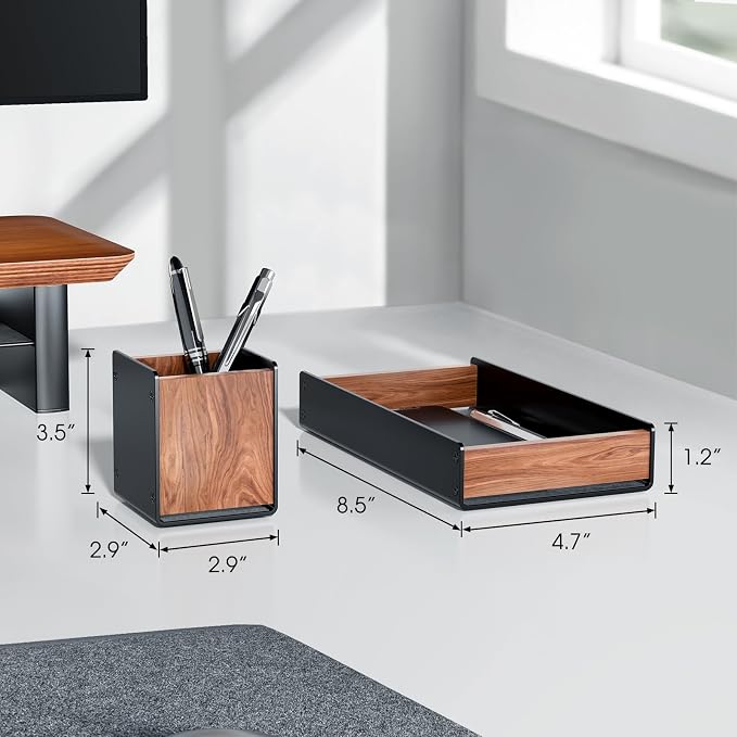 UPERGO Desk Organizer Tray Pen and Pencil Holder Set | Solid Walnut, Aluminum Accent, for Desk & Office Decor, Aesthetic Desk Accessories for Men