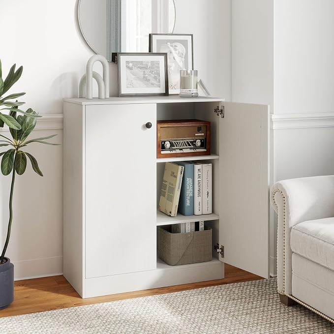 Giantex 2 Door Storage Base Cabinet (White) | 3-Tier Base Cabinet with Non-Slip Foot Pads, Kitchen Cupboard Storage Organizer for Living Room, Hallway, Entryway, Office