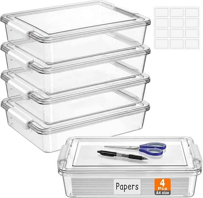 Fullhawl 4 Pcs Thickened Paper Storage Bin with Latching Lid, Label Clear Plastic Stackable Letter Size Tray Storage Container Arts Crafts Classroom Office Home Teacher Sorting (White)