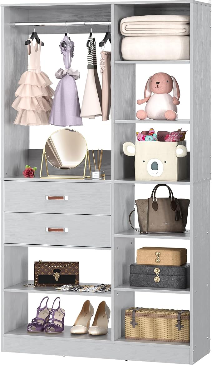 Freestanding Closet System, 40 Inches Stand-Alone Wardrobe with 10 Shelves, 80'' Height Adjustable Cloth Garment Rack with 2 Wood Drawers, Wood Walk-in Closet with Hanging Rod, Grey