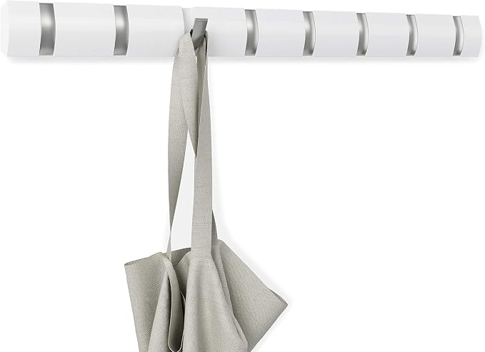 Umbra Flip Coat Rack, Wall Mount 8-Hook, Space Saving, White | Real wood and steel build, retractable hooks fold flat, holds coats bags and scarves, easy install