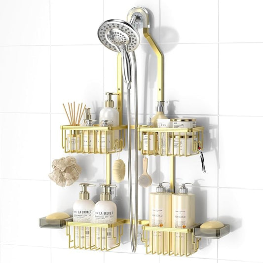 Adjustable Aluminum Shower Caddy Hanging for Handheld Showerhead, Gold | Rustproof Aluminum, Shower Organizer, Anti-Slip, Quick-Drain Shelf, 40lbs Capacity, Suction Cups, 8 Hooks, Razor Soap Holders