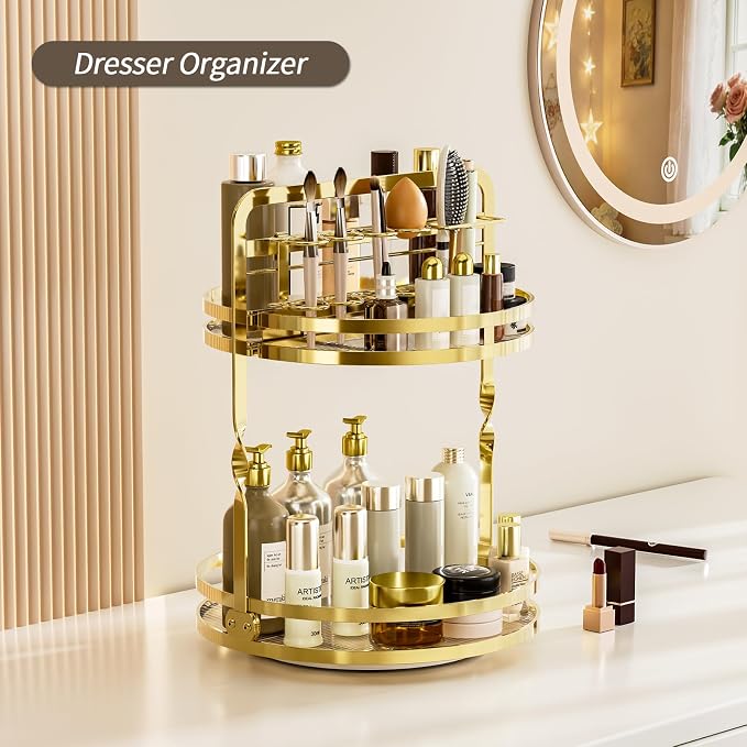 360 Rotating Makeup Organizer,Perfume Organizer, Bathroom Counter Organizer | 2-Tier Large Capacity Gold Vanity Organizer for Dresser,Perfume Shelf with Makeup Brush Holder Stores Skincare and Cosmetics