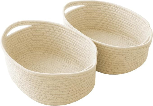 JMvicyroam Small Woven Basket, Empty Gift Basket, Beige/2 Pack | Small Gift Basket, Cotton Rope, 12 x 8 x 10 in, Handles, Includes Ribbon and Bag, Birthday Gift Basket