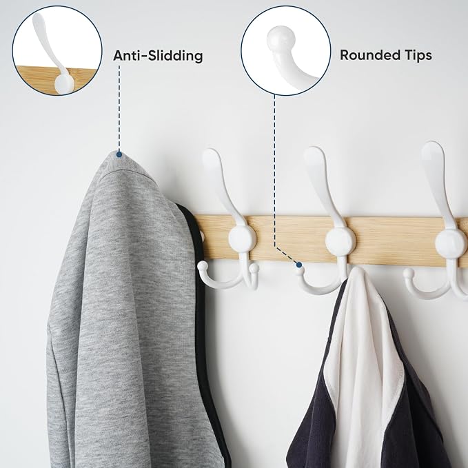 TICONN Wall Mounted Coat Rack, Five Heavy Duty Tri Hooks All Metal Construction for Jacket Coat Hat in Mudroom Entryway (Wood White, 1-Pack)