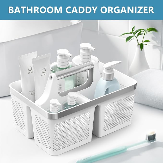 BYUNER 2Pack Shower Caddy Dorm: Portable Bathroom Caddy Organizer with Handle and Holes, Plastic Cleaning Caddy, Hard Shower Basket Storage Tote for Toiletry, College Dorm Room Essentials White/Silver