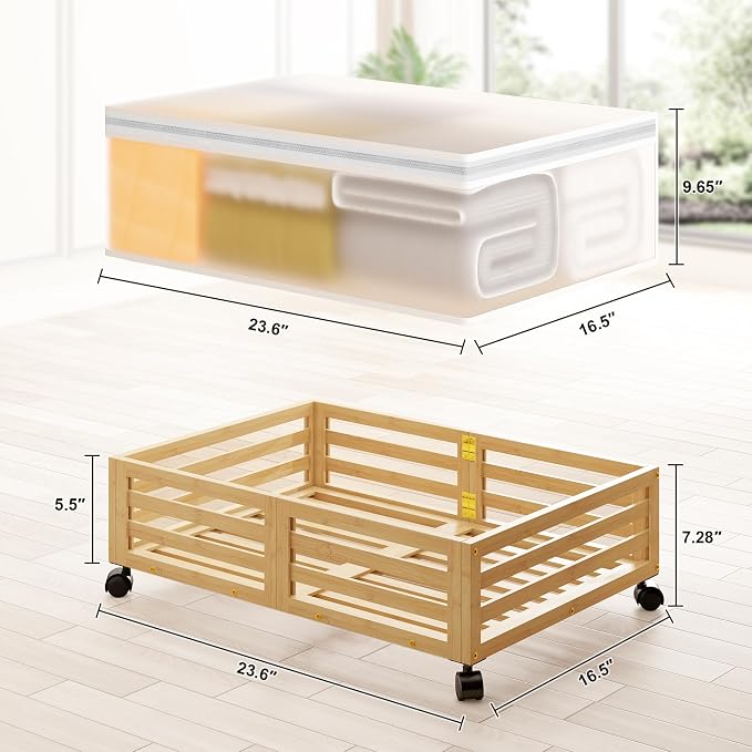 Under Bed Storage with Wheels-Large Bamboo Underbed storage Containers with Large Dust Bag Stackable Under the Bed Shoe Storage Bins for Clothes Books Bedding (2 Packs Nature, 23.62"L×16.54"W× 6.51"H)