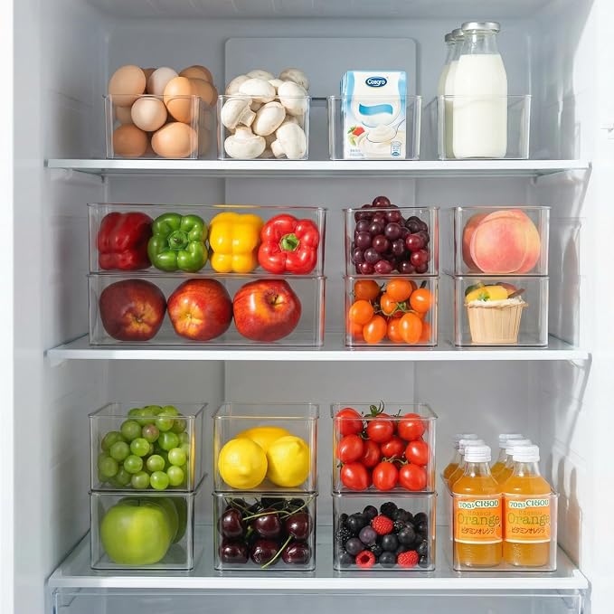 Hudgan 4 Packs Refrigerator Organizers and Storage, 4 Small Stackable Clear Plastic Bins for Pantry Organizer, Home Edit, Kitchen Cabinet, Fridge, Bathroom, Office, Drawer