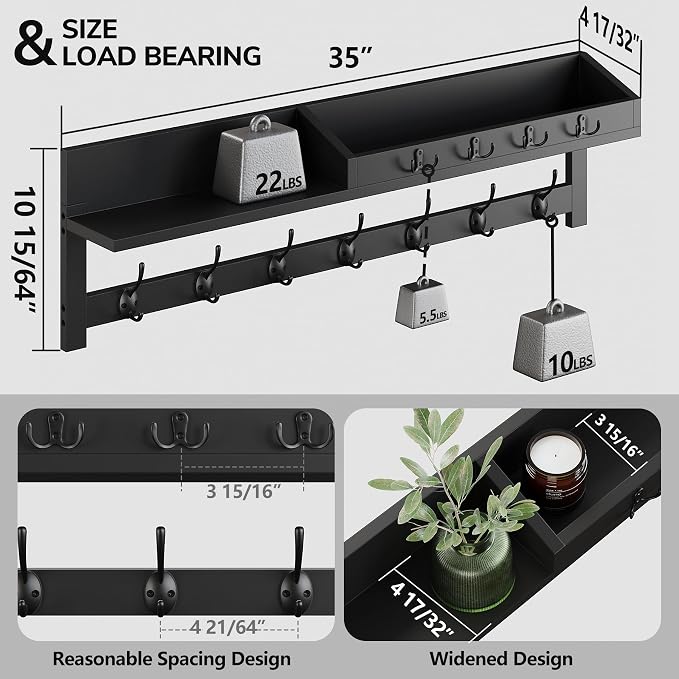 AMBIRD 35 inch Wall Hooks with Shelf, Coat Rack Wall Mount, Large Coat Hanger for Wall, Entryway Shelf with 7 Dual Coat Hooks, 4 Key Hooks and Mail Organizer, Wooden Key Holder Rack (Black)