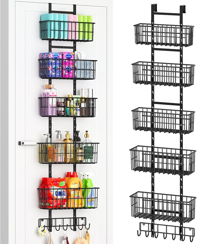 Hongtamoya Adjustable Over the Door Organizer, Metal Hanging Door Organizer with 5 Wire Basket 7 Hooks, Wall Mounted Shelf for Pantry Laundry Organization and Storage, Black