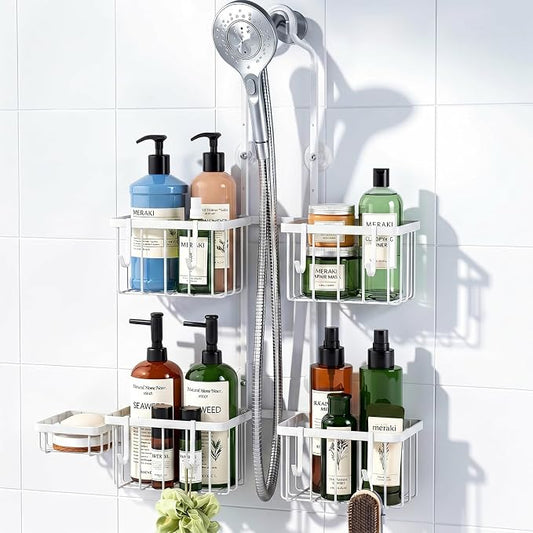 Luxspire Hanging Shower Caddy Overhead, Shower Organizer Hanging, White | No Drilling Required, Height-Adjustable, Thickened Rustproof Stainless Steel, Heavy-Duty, Include 8 Hooks And Soap Holder
