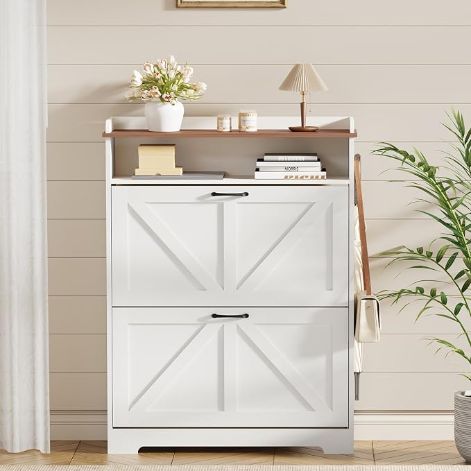 Farmhouse Shoe Cabinet Organizer with 2 Flip Drawers, 31.5" W White | Freestanding shoe cabinet with flip drawers ,space-saving storage for foyer hallway,Adjustable Shelves & 2 Hooks
