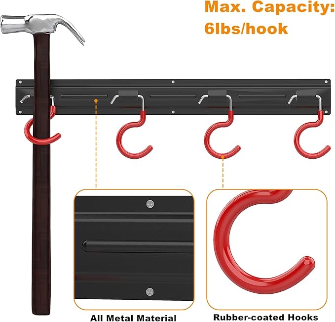 WALMANN All Metal 64 inch Wall Mount Garden Tool Organizer for Garage | Mop and Broom Holder, Yard Tool Storage Rack for Rake, Shovel, Spade, Mop, Broom(4 Rails, 16 Hooks)