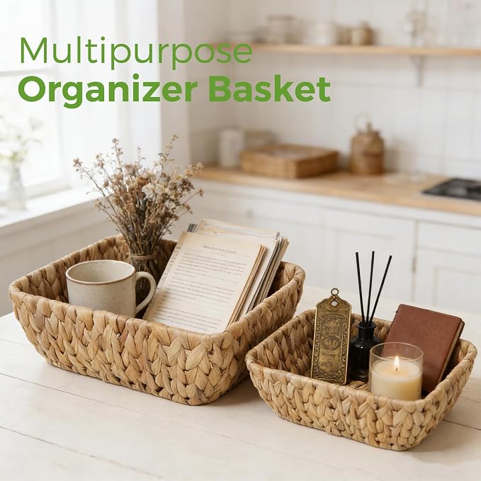 Small Wicker Baskets Set of 2, Hand Woven Water Hyacinth Basket 2 Pack
