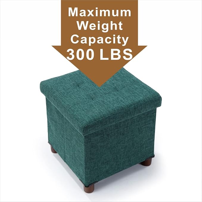 15 Inches Storage Ottoman with Wooden Legs, Cube Foot Rest Stool/Square Footstool Storage for Living Room, Foldable Fabric Ottoman, Comfortable Seat with Lid, Space-Saving Green