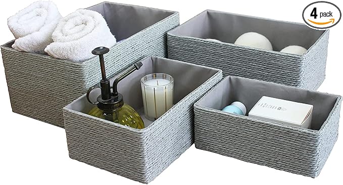 LA JOLIE MUSE Bathroom Basket Organizers, Paper Rope Storage, Grey 4 Pack | Stackable, Sturdy Lined Woven Basket, Organizer for Toilet Paper, Laundry Room Essentials, Shelves and Nightstand Drawers