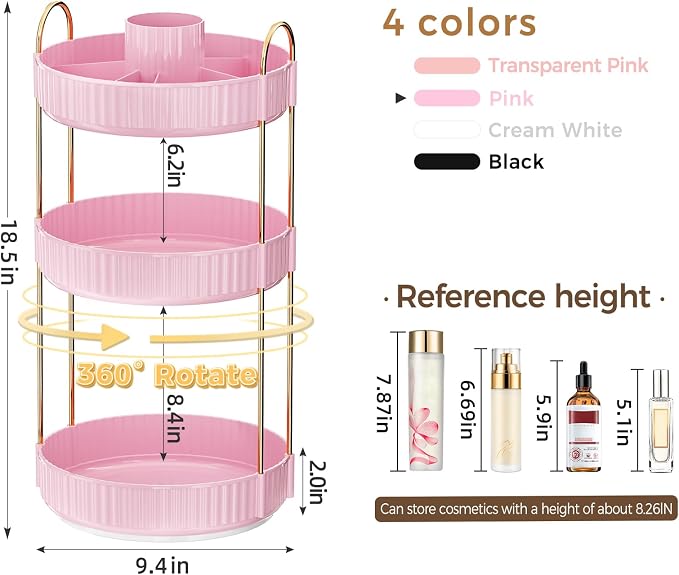 360° Rotating Makeup Organizer, Upgraded 3 Tier Skincare Perfume Organizers for Women, Bathroom Organizer Countertop, Clear Cosmetic Dresser Organizer with Makeup Brush Holder, Sink&Counter(Pink)