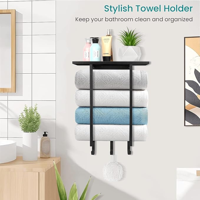 ELITEROO Towel Holder for Bathroom Wall, Wooden Towel Rack Shelf | Hanging Towel Organizer with 3 Hooks for Small Bathroom Storage, Bath Rolled Towel Shelf for RV, Camper, Black