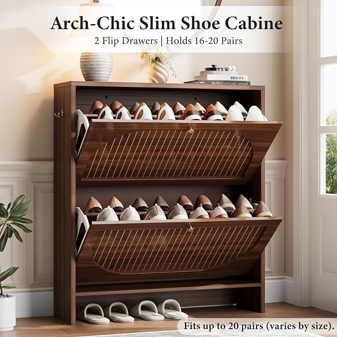 Nicetree Arch-Chic Shoe Cabinet for Entryway, Modern Mid-Century Shoe Storage Cabinet with Fluted, Narrow Shoe Rack with Adjustable Shelves & Tipping Protection, Fits Size 12 Shoes,Luminous Walnut