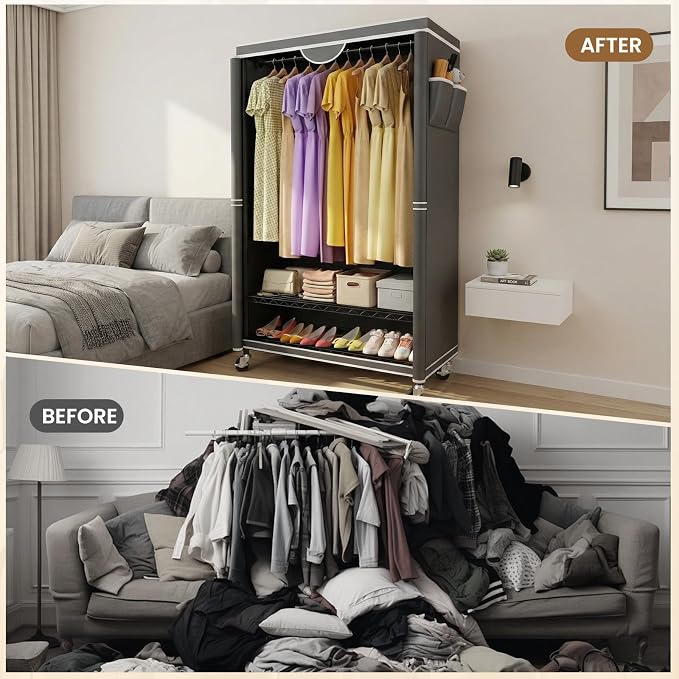 Clothes Rack With Cover, Heavy Duty Clothing Rack for Hanging Clothes | Rolling Garment Rack with Lockable Wheels, Metal Clothing Rack, Portable Closet 35.4"W x 17.1"D x 71.8"H, Hold 425 lbs, Black