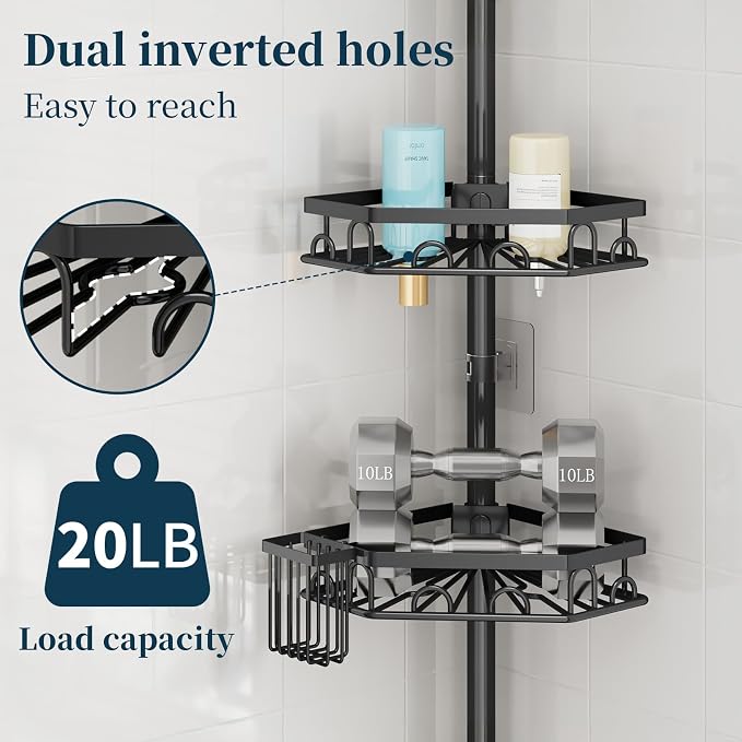 Consumest Shower Caddy Tension Pole - 4 Tier Corner Shower Shelves with Brush & Soap Holder, 304 Stainless Steel Rustproof Adjustable Organizer Rack for Bathtub, Bathroom, 27.6-108.3 Inch, Black