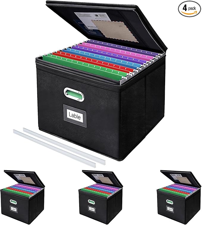 4 Pack File Organizer Boxes with Lids, Collapsible Document Storage Bin with Mesh Pockets & Zipper, Fits Letter/Legal Size Folders for Home Office Classroom Organization (Black, No Folders)