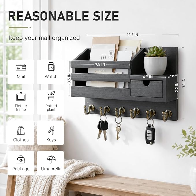FifthQuarter Key and Mail Holder Wall Mount with Drawer and 6 Sturdy Hooks | Wooden Entryway Organizer and Decorative, Easy Installation