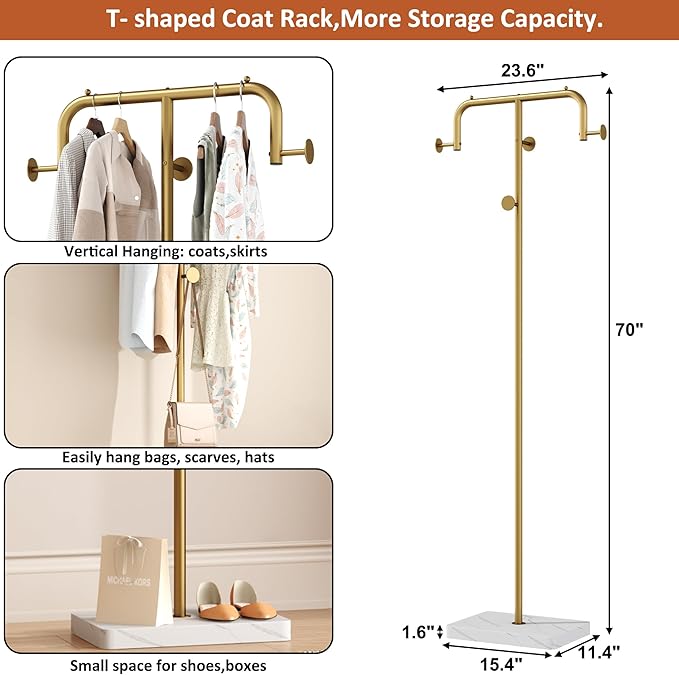 HOMEFORT Coat Rack, Freestanding Metal Coat Racks, Coat Tree Stand with 4 Hooks for Closet, Bedroom, Entryway, Living Room, Gold