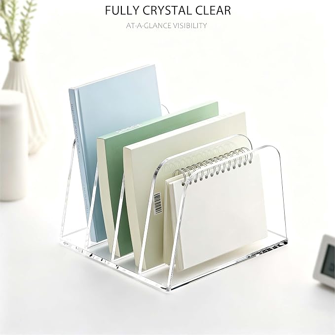 YUXUN Desk File Organizer Upright Clear Acrylic Desktop Organizer File Sorter Office Organization File Holder 4-Section Bookshelf for Home, Office & Classroom