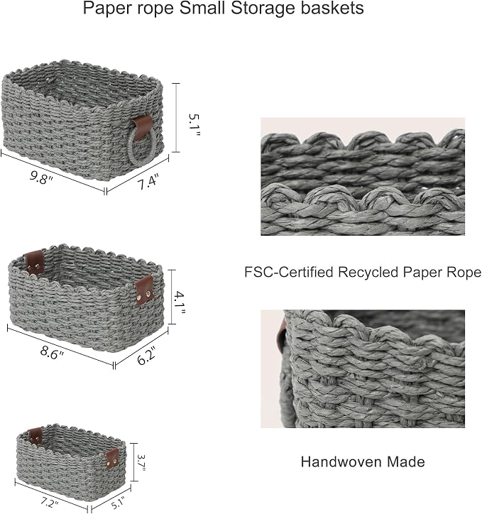 Small baskets for Organizing,Cute woven Storage basket with recycled paper rope for Shelves Bathroom,Little decorative basket,Set of 3 (Dark Grey)