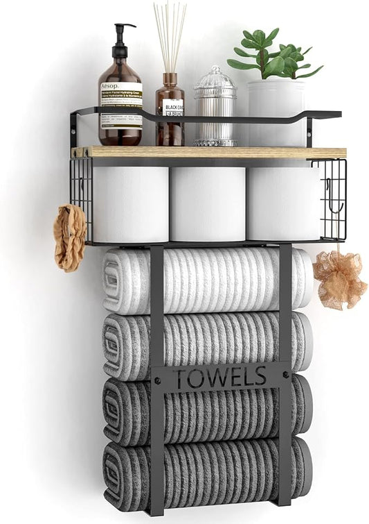 Towel Racks for Bathroom Wall Mounted - Bath Wall Towel Holder Set Above Toilet Storage, Rolled Towel Shelf Organizer for Small Bathroom, Wood Vertical Towel Rack for Bathroom Wall Decor