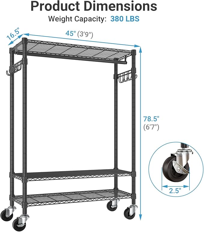 VIPEK R3 Plus Rolling Clothes Rack Heavy Duty Closet for Hanging Clothes | Lockable Silent Wheels, Adjustable Wire Shelving, Metal Side Hooks, Load 380lbs, Space-Saving Storage for Bedroom, Black
