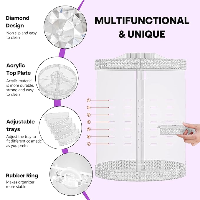 360 Degree Rotating Makeup Organizer, Extra Large Capacity Perfume Organizer, Removable DIY 7 Layers Make up Organizer for vanity, Cosmetic Display Case Organizador De Maquillaje (Clear)