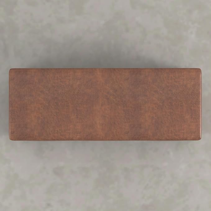 SIMPLIHOME Avalon Storage Ottoman Bench - 48" Wide x 16" High Upholstered Vegan Leather Rectangular Lift-Top Ottoman in Distressed Pecan Brown, Contemporary Storage Bench with High-Density Foam