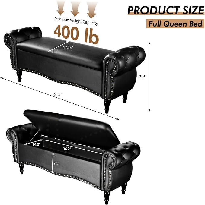 ZZW Storage Ottoman Bench, 51" Length Upholstered End of Bed Storage Bench for Bedroom with Safety Hinge, Tufted Bed Benches with Rolled Arm and Nailhead Trim for Living Room, Entryway Black