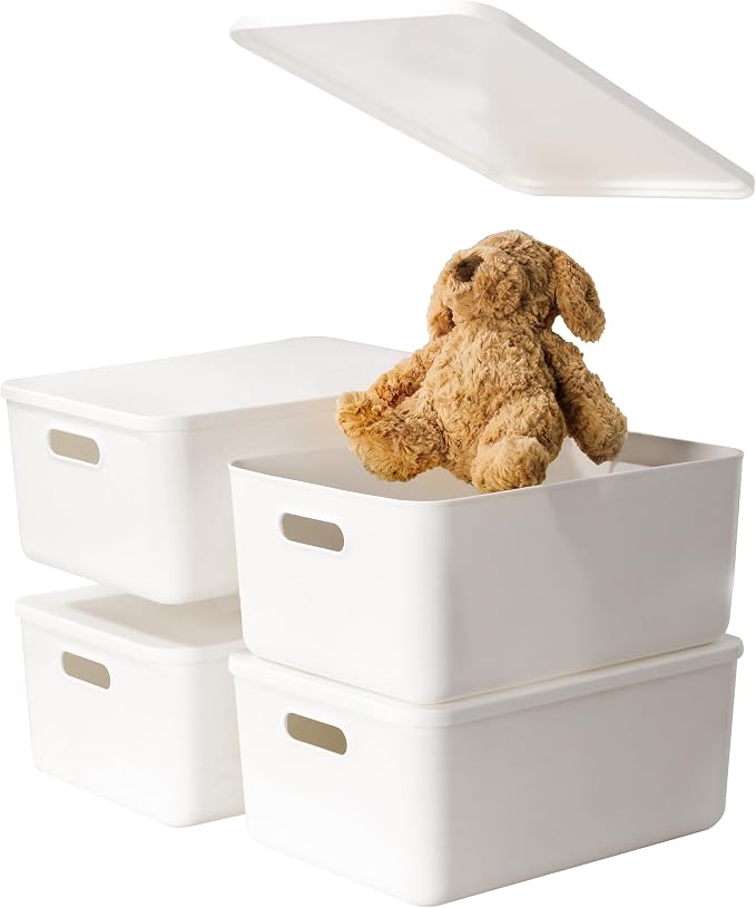 4 pack large plastic White storage bins with Lids, Toy Box Chest with Handle，Organizer Containers Baskets for Baby,Nursery，Shelves，Playroom, Bedroom，Office,Closet，home (White, 4M)