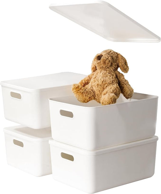 4 pack large plastic White storage bins with Lids, Toy Box Chest with Handle，Organizer Containers Baskets for Baby,Nursery，Shelves，Playroom, Bedroom，Office,Closet，home (White, 4M)