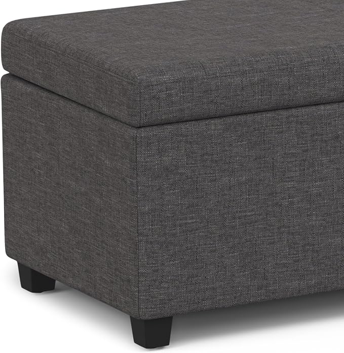 SIMPLIHOME Avalon 54" Wide Vegan Leather Storage Ottoman in Brown | Contemporary lift-top ottoman with high-density foam; rectangle storage bench or coffee table for living room or entryway.