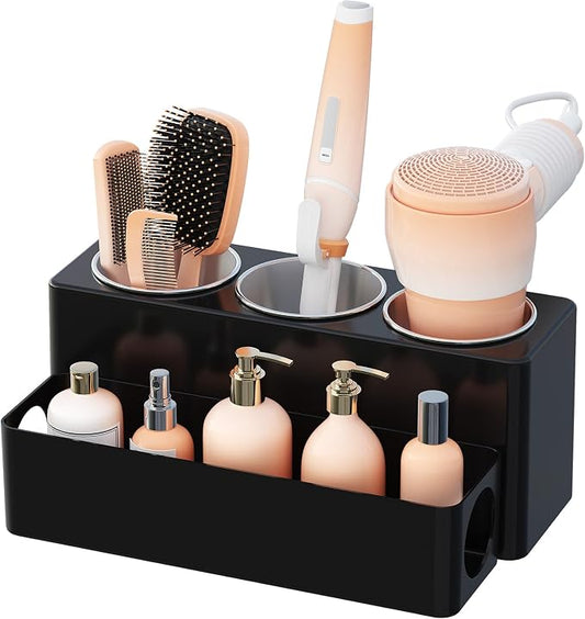 Lifewit Hair Tool Organizer Dryer Holder Countertop with 3 Cups, Black | 3 Stainless cups Tools Organizer, Acrylic body Hair Product Storage for Curling Iron, Brush, Straightener, Bathroom
