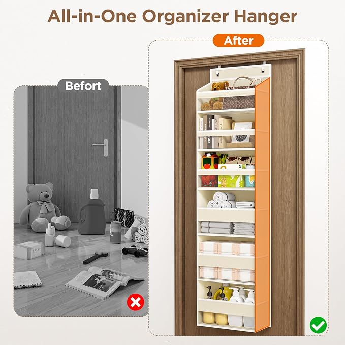 Over The Door Organizer, 6 Tiers Behind The Door Storage Hanging Shelves | Heavy Duty Hanging Organizer Storage with Large Capacity Pockets for Closet Wall Bathroom Bedroom Nursery Pantry, 1 Beige