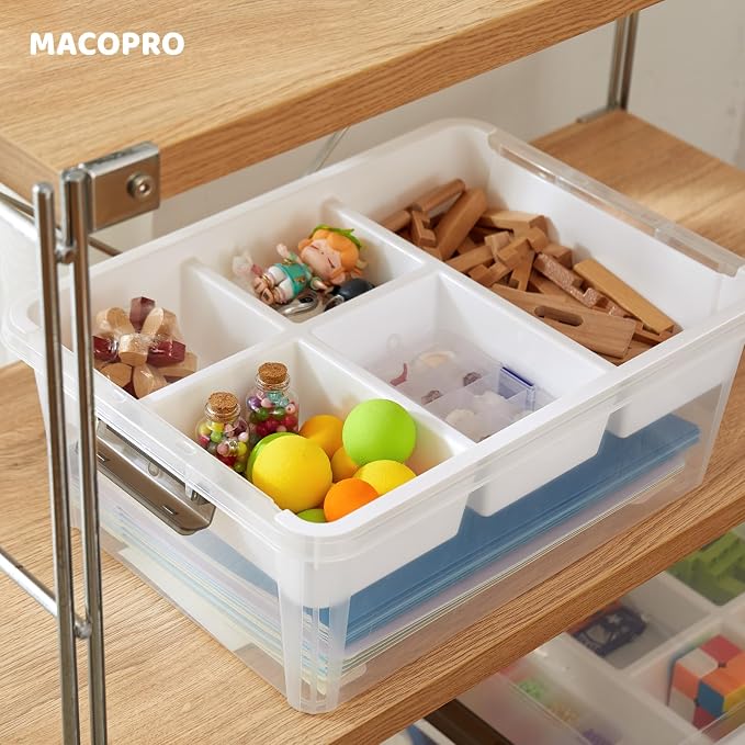 MACOPRO 17QT Clear Plastic Box Craft Storage Bin with Removable Tray & Lid | 1-pack container, art supply organizer for playdoh, sewing, beads & craft tools, space-saving stackable bins organization