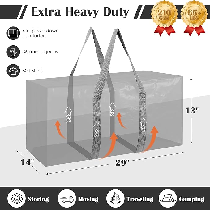 12 Pack Moving Bags with Full-Open Side Zipper, Extra Large 93L Heavy Duty Waterproof Foldable Storage Totes for College Dorm, Moving & Home Organization Gray