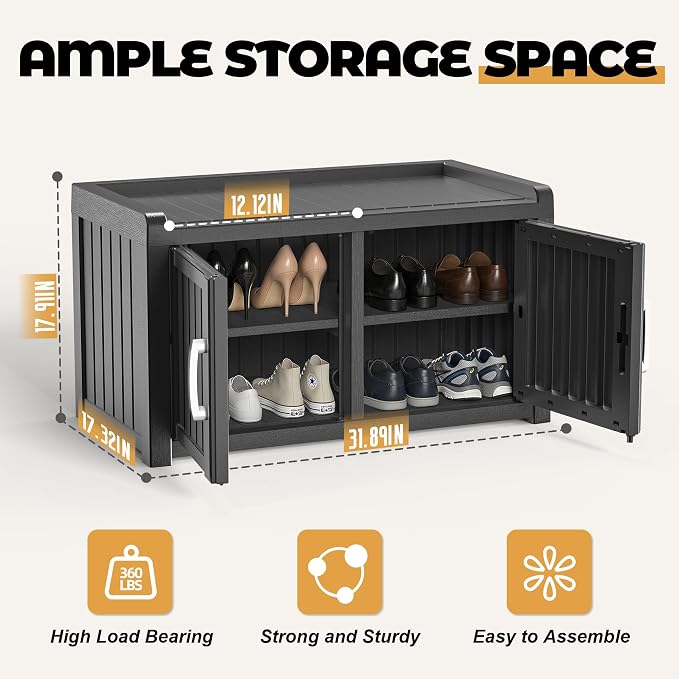 ROJIK Shoe Bench Waterproof UV-Resistant, 2-Tier Storage Cabinet for Outdoor Indoor with Adjustable Shelves, for Entryway Bedroom, Hallway, Living Room(Double Door Premium,Black)