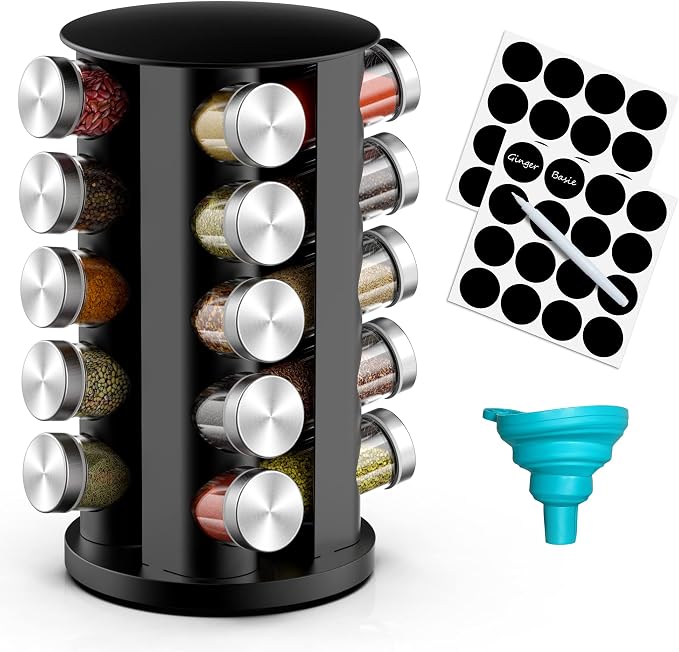 Handisen Rotating Spice Rack Organizer for Cabinet, Spice Racks Storage with 20 Jars, Spinning Spice rack for Kitchen Countertop, Spice Holder,Seasoing Storage Racks, Silver