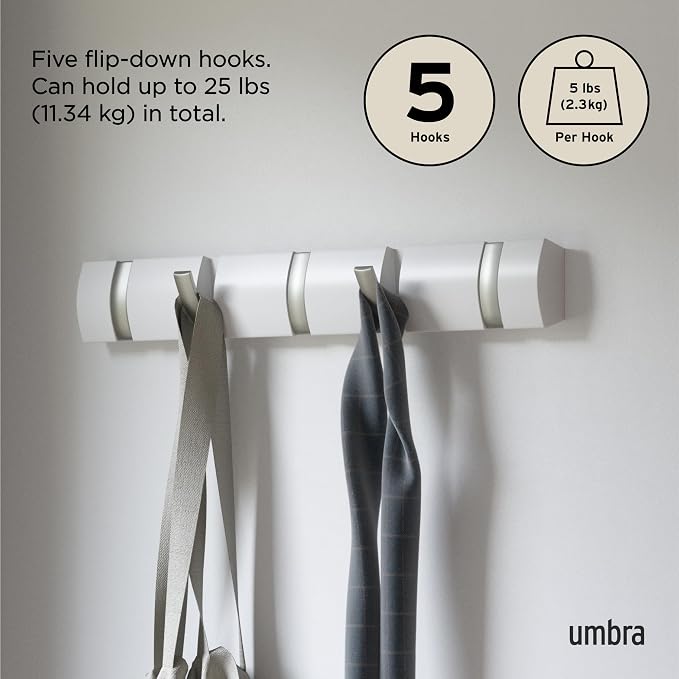 Umbra Flip Coat Rack, Wall Mounted 5-Hook Space Saving, White/Nickel | Real wood and steel build, retractable hooks fold flat, holds coats bags and scarves, easy install