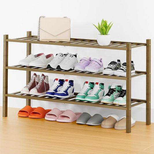Smiry Bamboo Shoe Rack, 14 Vertical Slats, 3 Tier - 33.7" Wide, Walnut | Stackable Free Standing Wooden Shoe Organizer, Wood Shoe Storage Shelf for Closet, Entryway, Thicher Leg