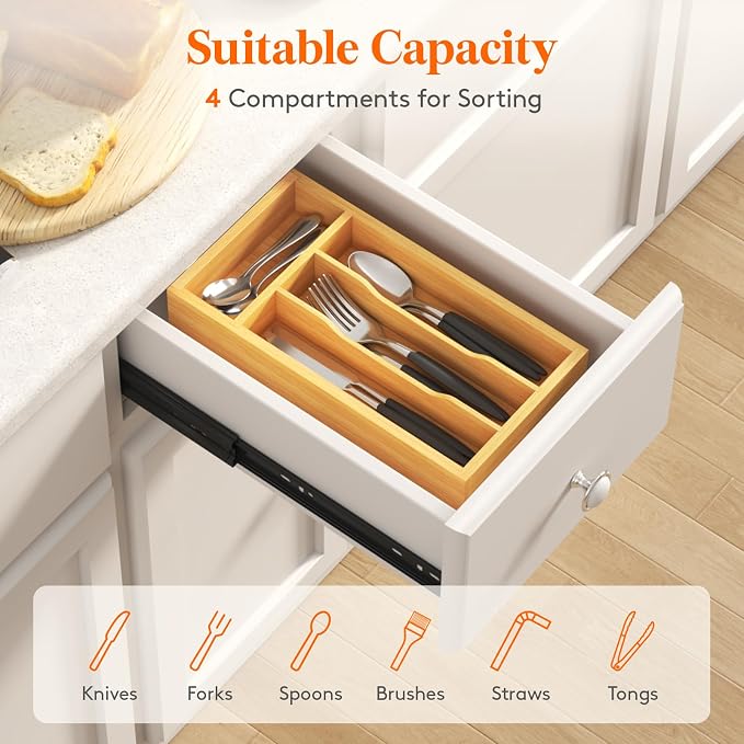 Lifewit Silverware Drawer Organizer, Wooden Utensil Tray for Kitchen | Flatware and Cutlery Holder, Adjustable Storage for Spoons Forks Knives, 6.9 x 12.8", Natural