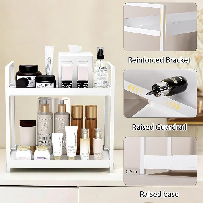 Bathroom Counter Organizer Vanity Storage Countertop Shelf, Large White | 2 Tier Makeup Organizer Perfume Tray Skincare Holder for Sink, Dresser, Kitchen