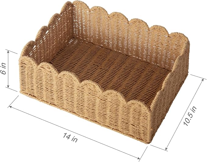 Scalloped Basket, Wicker Storage Baskets, Hand Woven Baskets for Shelves,Natural Baskets for Organizing (S+M)
