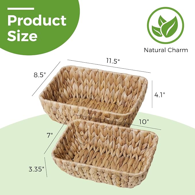Small Wicker Baskets Set of 2, Hand Woven Water Hyacinth Basket 2 Pack